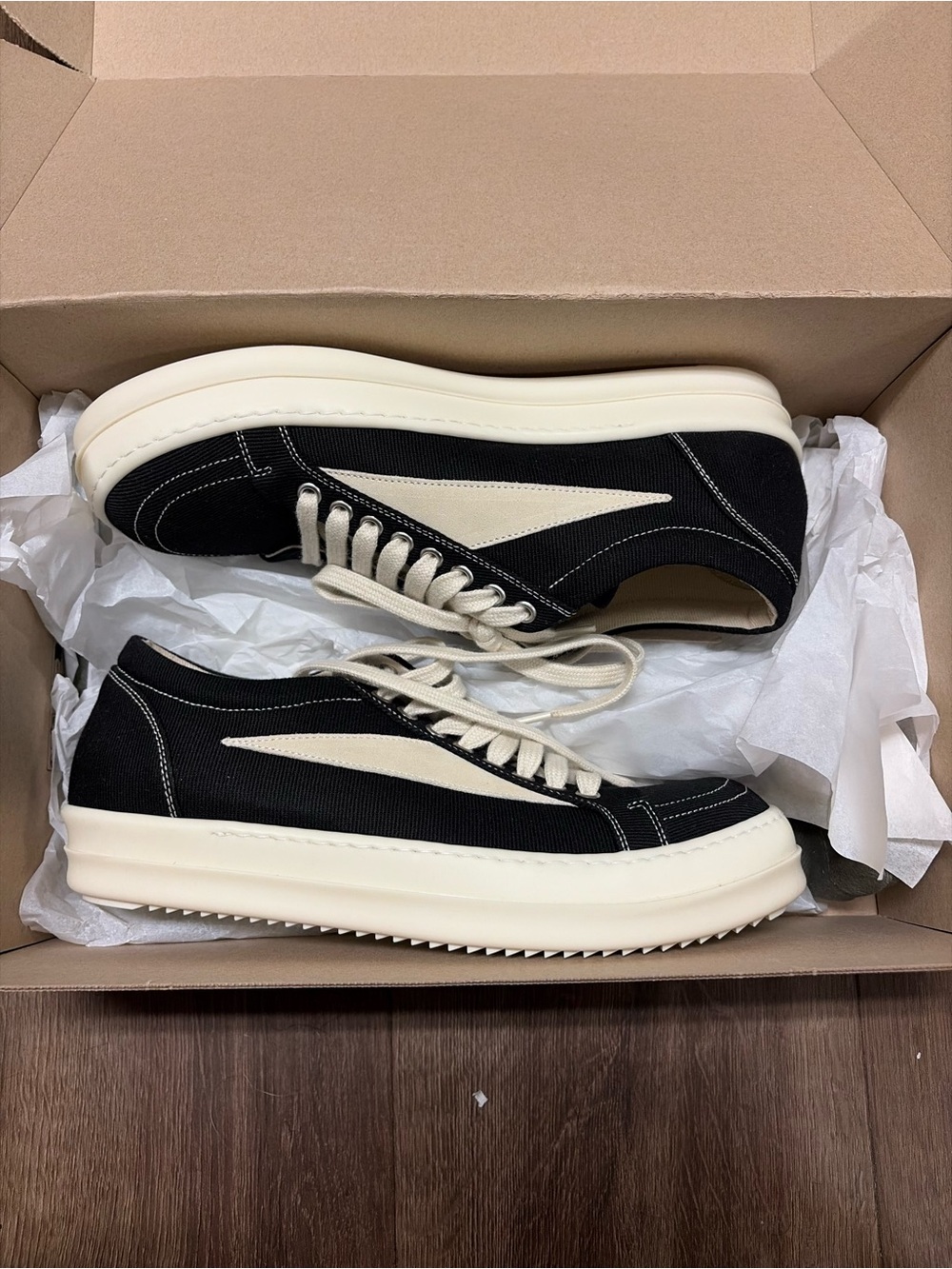 Rick Owens Black Canvas Low-Top Sneakers with Cream Accents